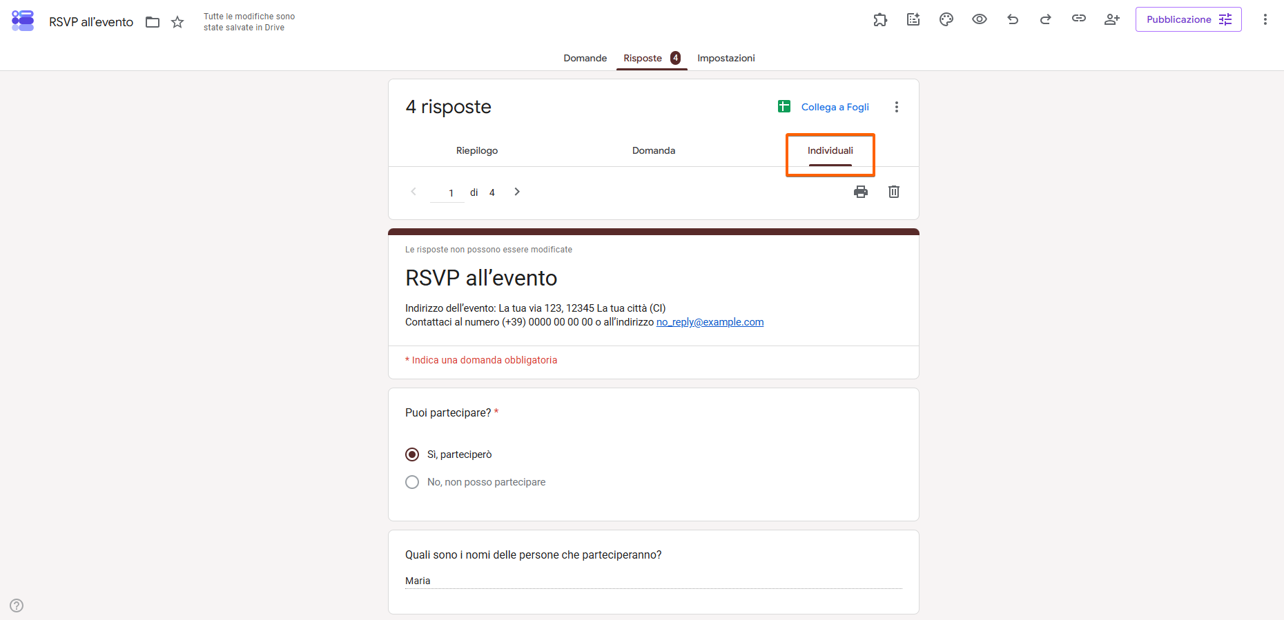 Clic sulla scheda Individuali sotto le Risposte in Moduli Google