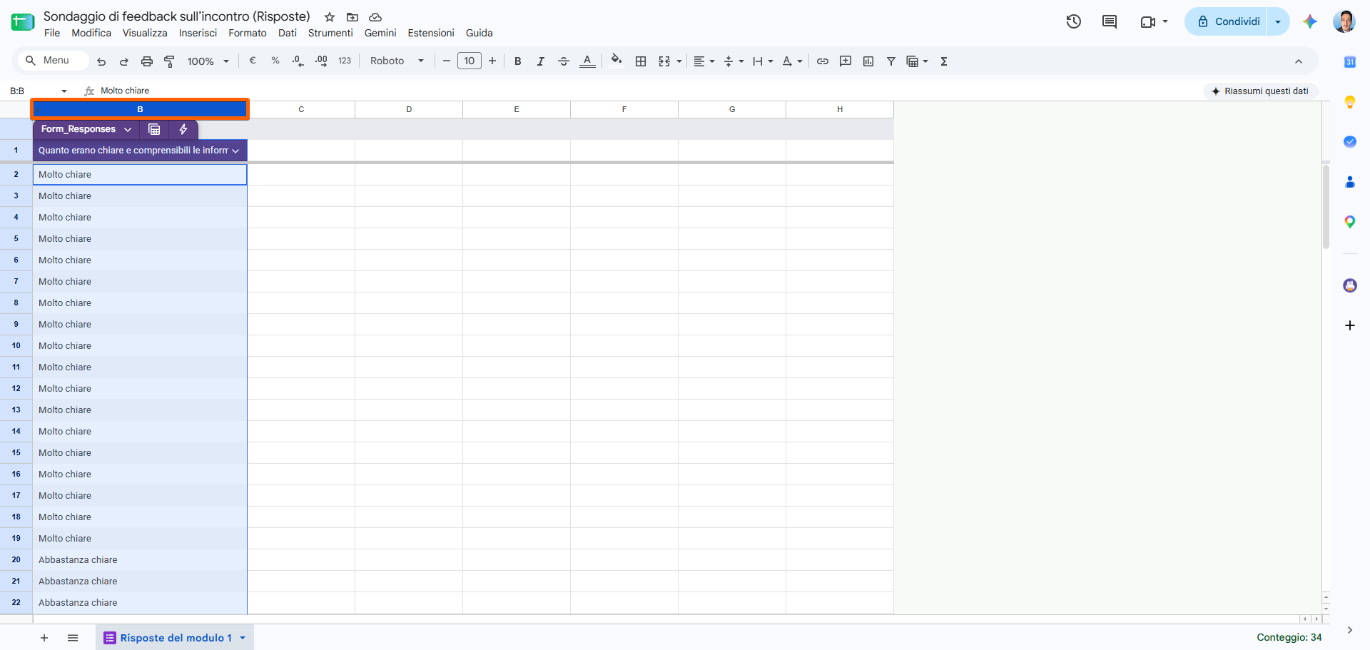 Foglio di lavoro di Fogli Google con una colonna di risposte al sondaggio selezionata, inclusi l’intestazione della colonna e diversi dati, pronta per la creazione del grafico