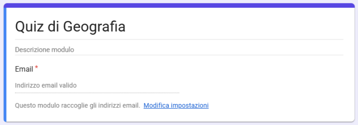 Screenshot che mostra un Modulo Google con un primo campo Email