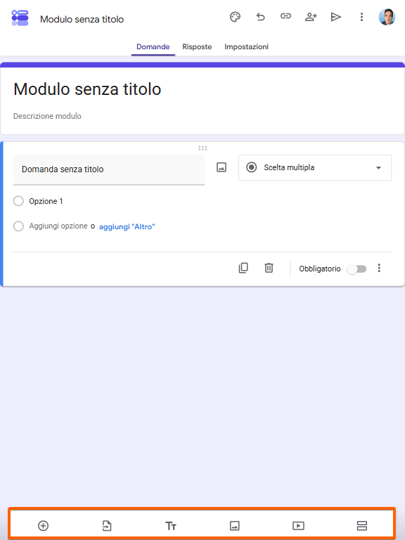 Moduli Google su iPad evidenziando le impostazioni delle domande in fondo alla pagina
