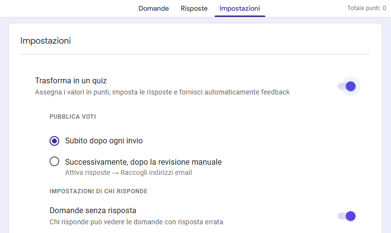 Screenshot delle impostazioni dello stesso modulo Google con "Trasforma in un quiz" selezionato