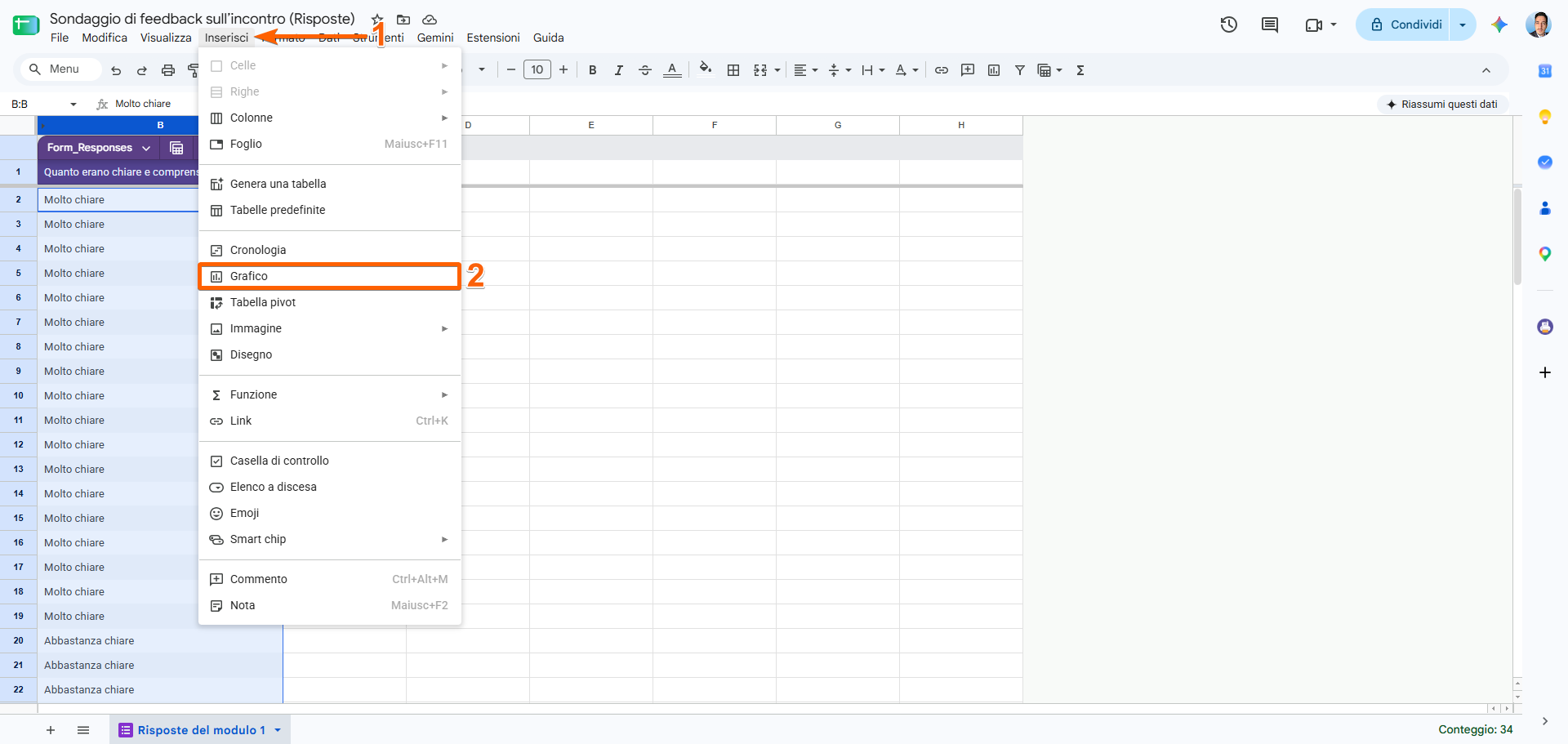 Interfaccia di Fogli Google con il menu “Inserisci” aperto e l’opzione “Grafico” evidenziata per creare un grafico