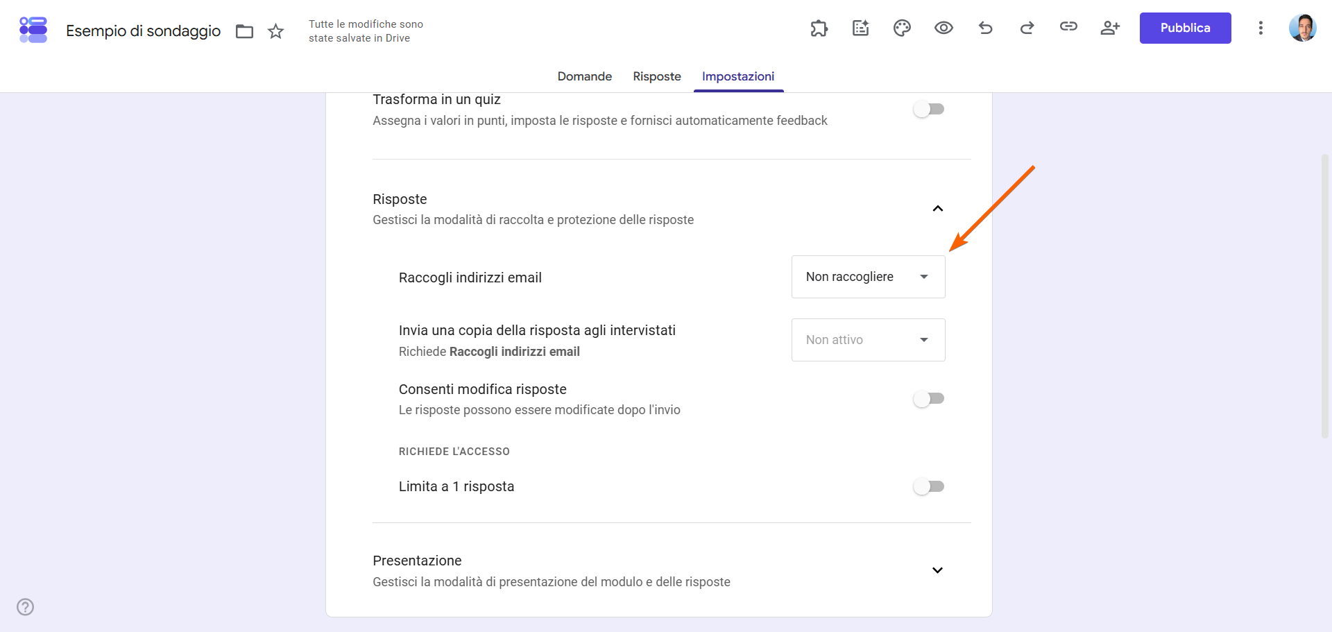 Menu delle impostazioni del modulo che mostra le opzioni per la modalità quiz, la raccolta delle risposte e la raccolta degli indirizzi email con interruttori delle impostazioni