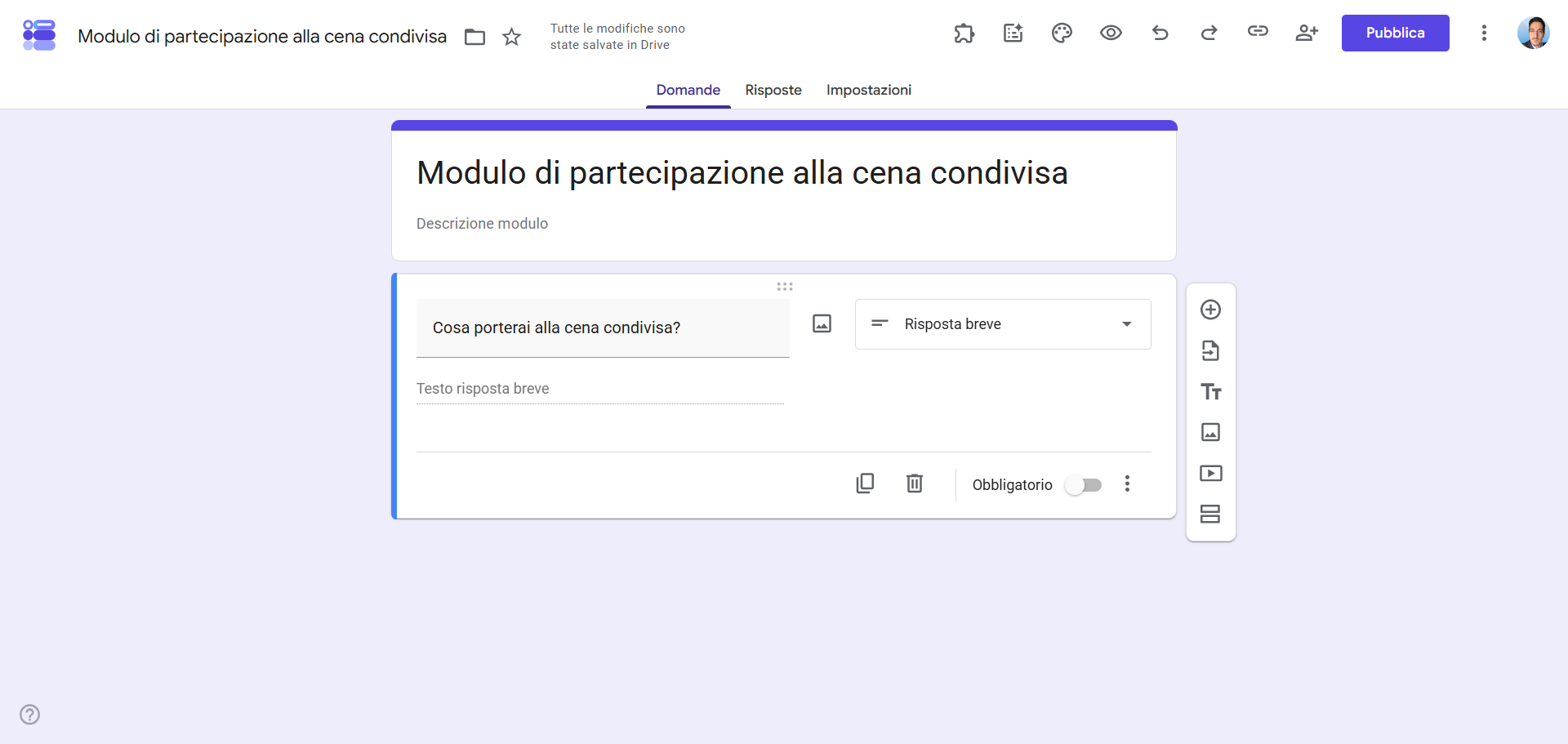 Modulo di iscrizione per una cena condivisa su Moduli Google