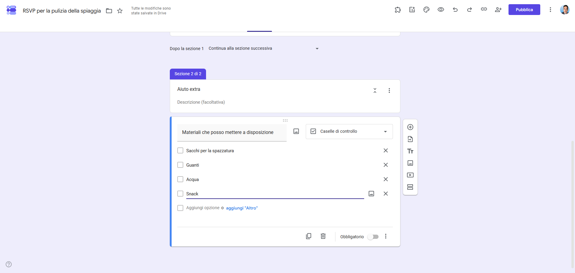 Screenshot della sezione aggiuntiva di un modulo di Moduli Google 