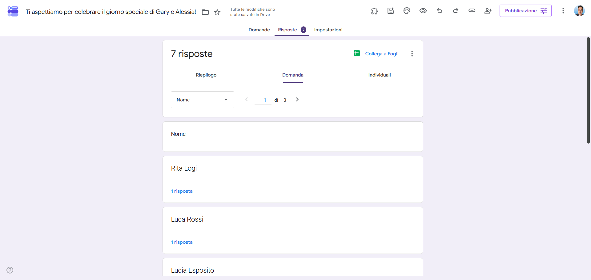 Screenshot di un modulo RSVP in Moduli Google