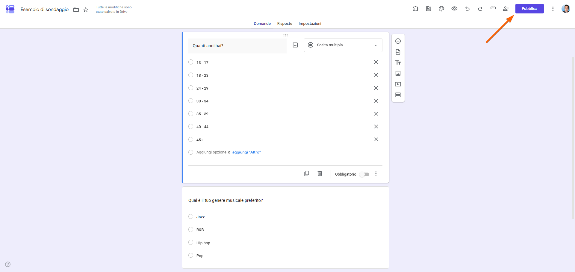 Cliccando sul pulsante Pubblica in Moduli Google