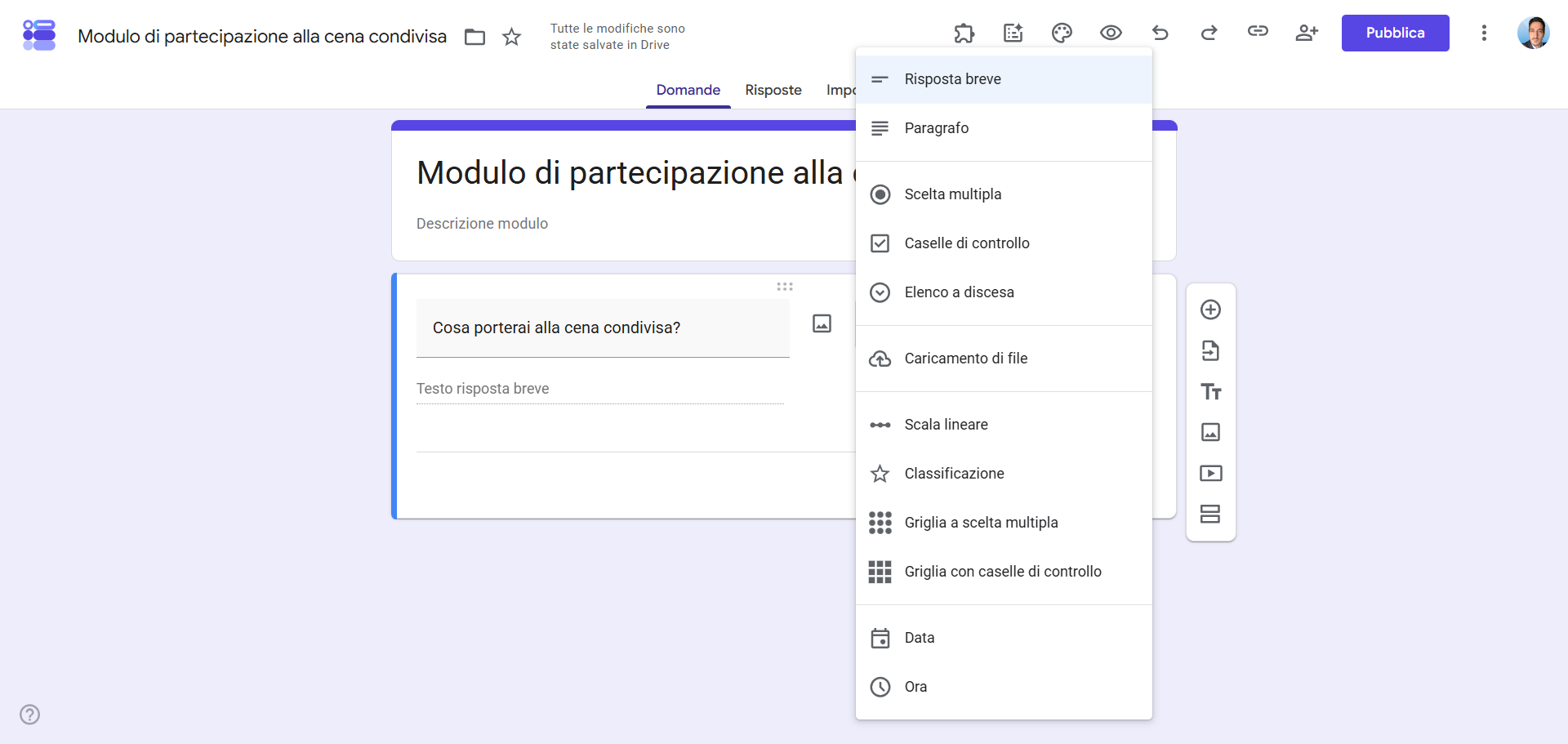 Tipi di domande multiple di Moduli Google