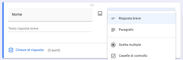 Screnshot del campo nome con la selezione dell'opzione Risposta Breve su Moduli Google