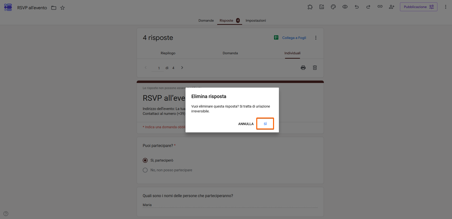 Screenshot di un modulo Google che mostra la finestra popup Elimina Risposa con l'opzine sí in evidenza