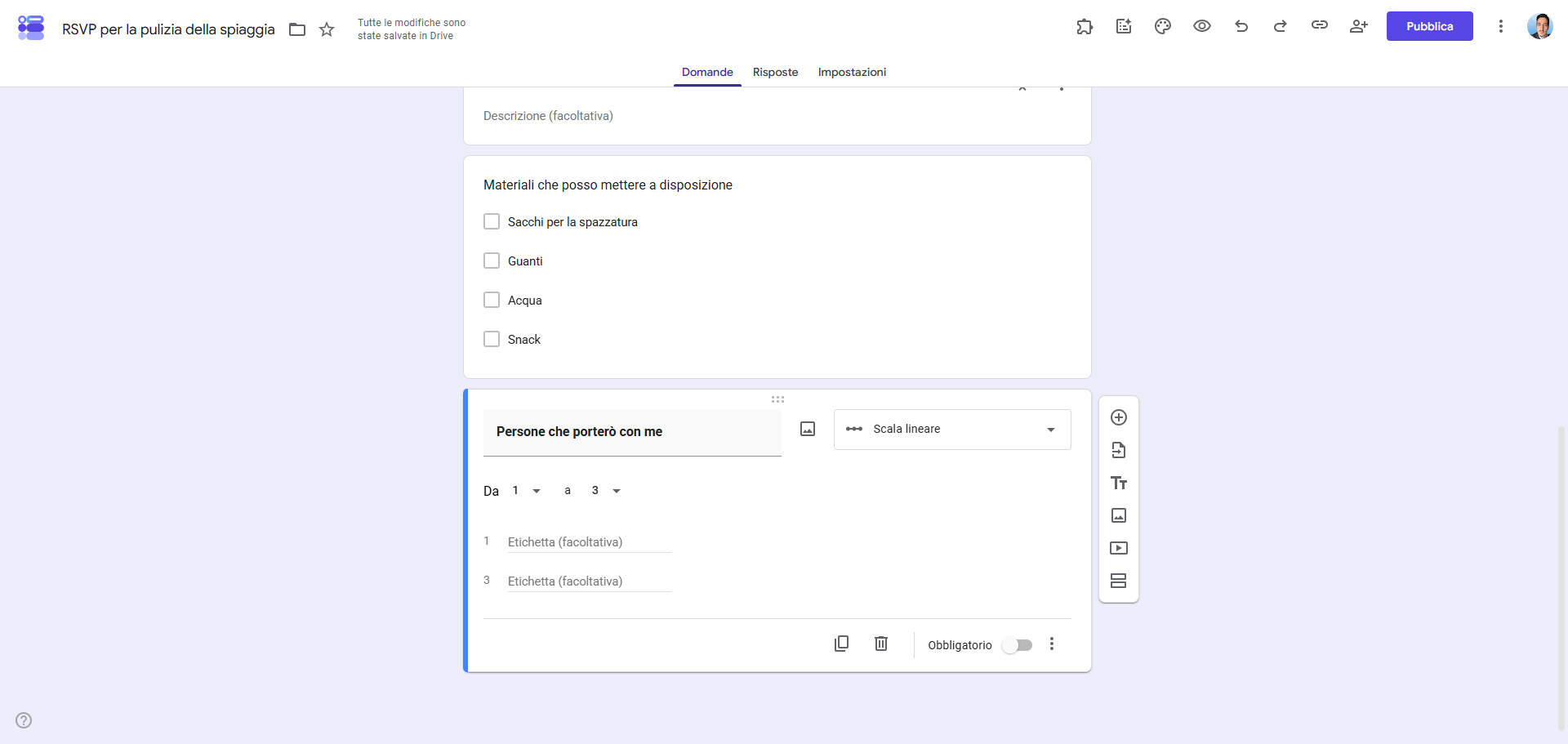 Screenshot che mostra l'aggiunta di una domanda a scala lineare in Moduli Google 