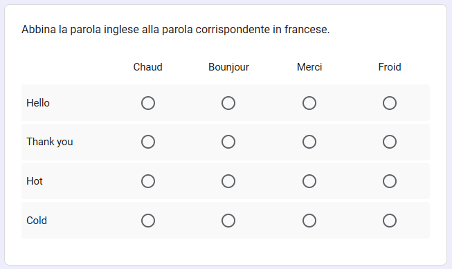 Screenshot del quiz di abbinamento completato in Moduli Google dal lato dell'utente