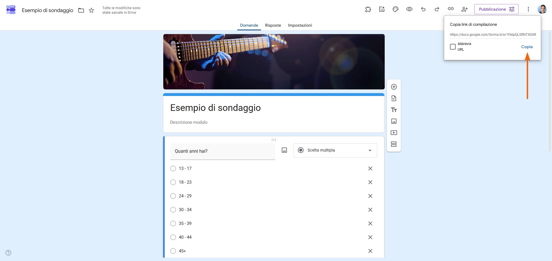 Cliccando su Copia dalla finestra del Link Rispondente su Google Forms