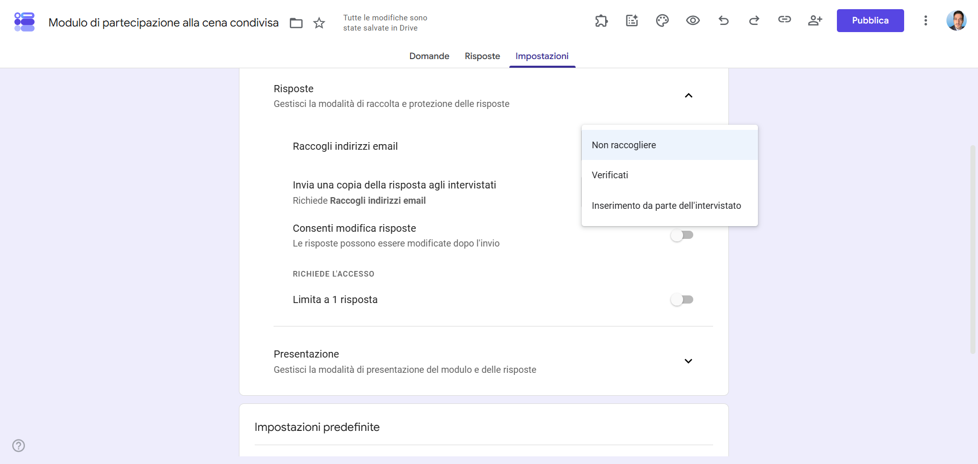 Interfaccia utente delle opzioni di risposta del foglio di iscrizione di Moduli Google