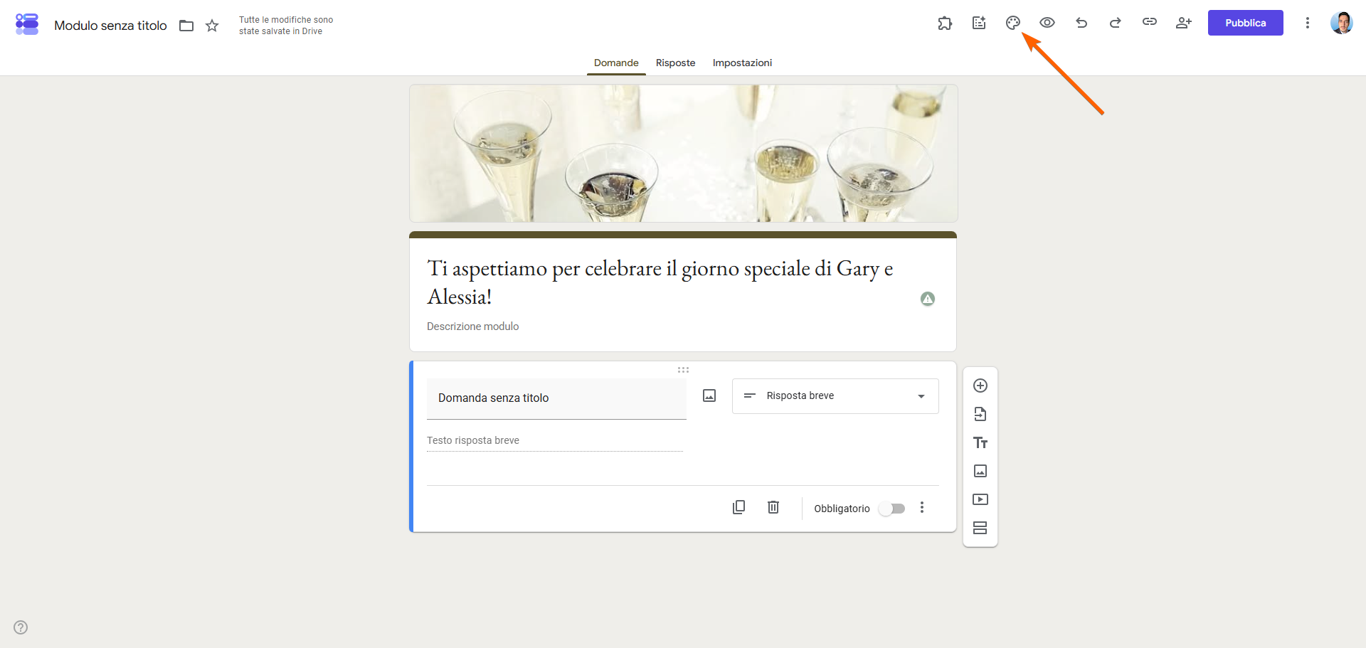 Un screenshot di un Moduli Google di un modulo RSVP per il matrimonio di Gary e Alessia