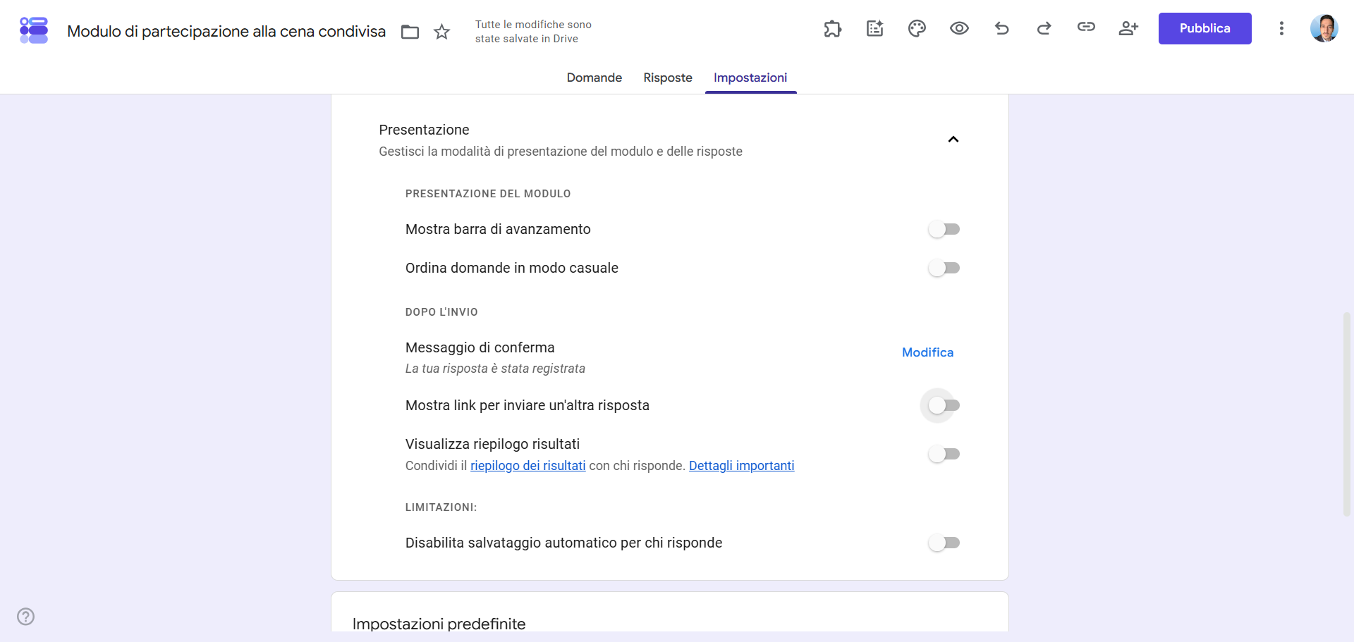 Interfaccia utente delle impostazioni di presentazione del foglio di iscrizione di Moduli Google