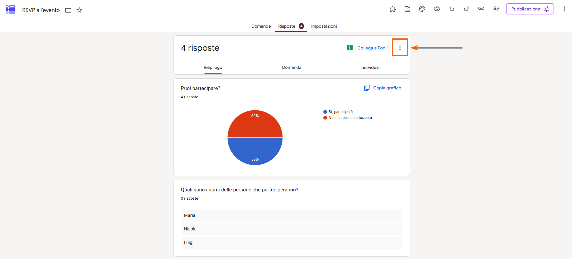 Clic sui punti verticali in alto a destra nella scheda Risposte
