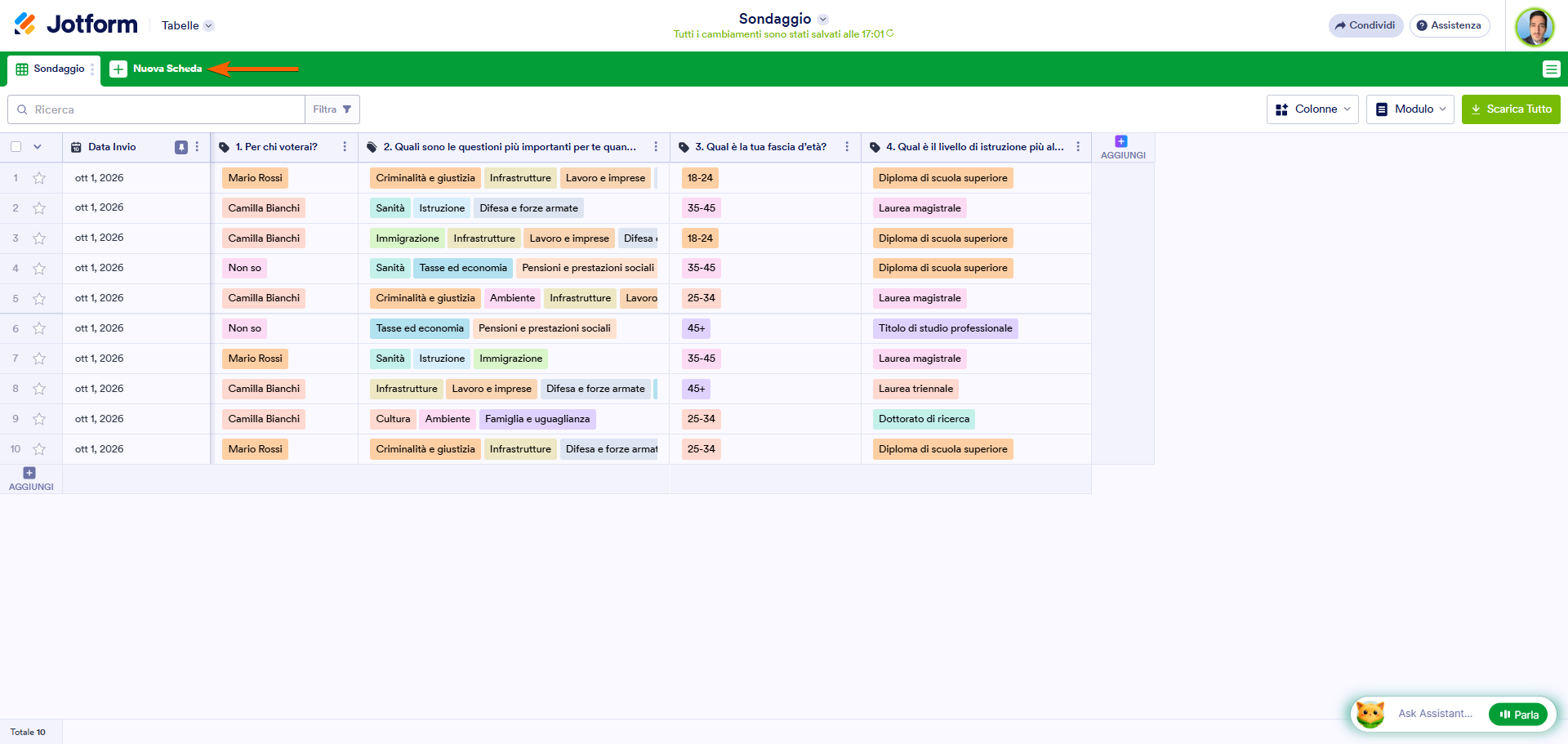 Screenshot di una Tabella Jotform con una freccia che indica la sezione Nuova Scheda