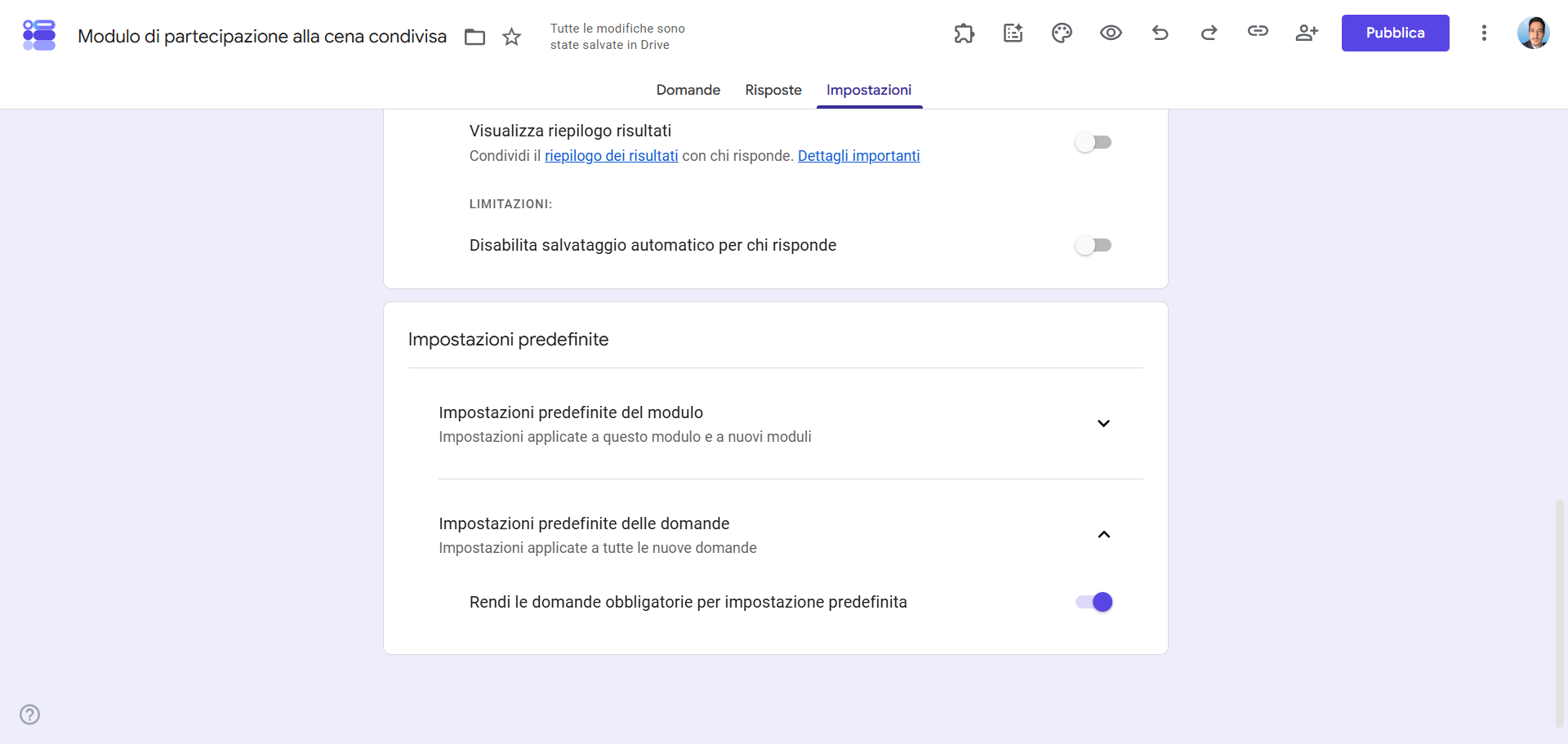 Interfaccia utente delle impostazioni predefinite del foglio di iscrizione di Fogli Google