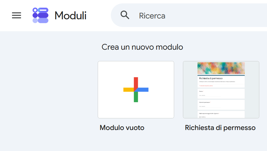 Screenshot della selezione del modulo vuoto di Moduli Google