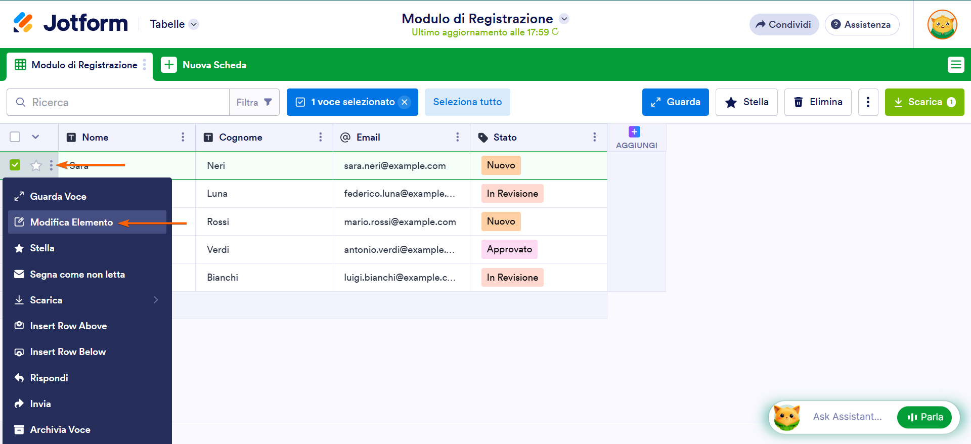 Screenshot di un foglio di calcolo di Tabelle  Jotform con una freccia che punta al pulsante del menu a tre punti verticali e all'opzione "Modifica Elemento"
