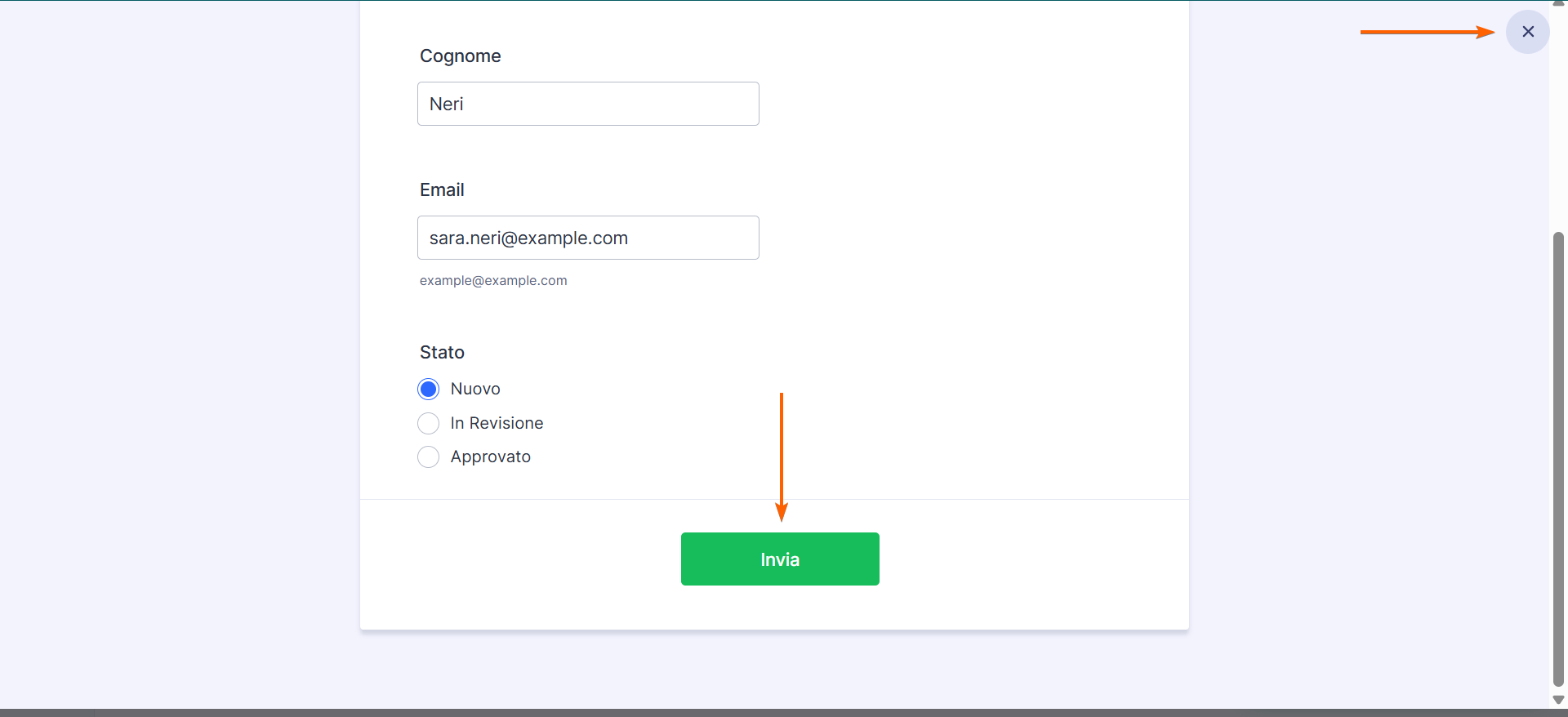 Screenshot di un modulo Jotform che viene aggiornato, con una freccia che punta al pulsante "Invia" e un'altra freccia che punta al pulsante "X" per annullare