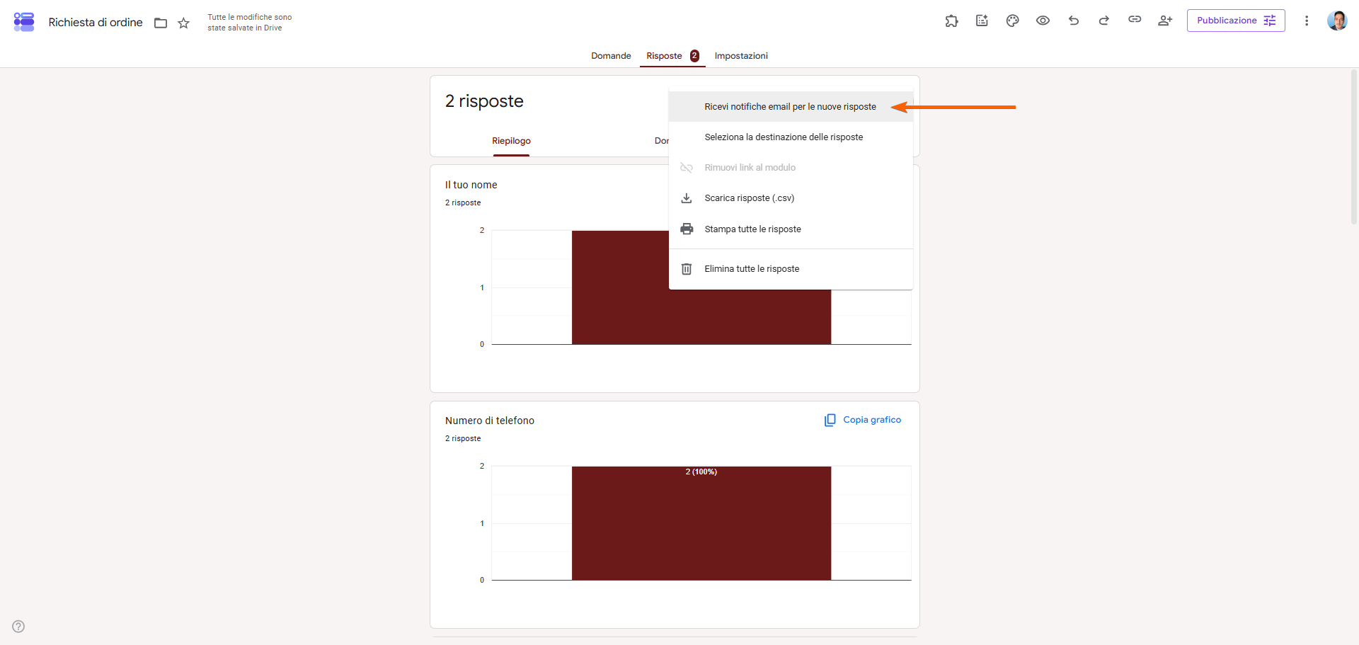 Screenshot del modulo d'ordine in Moduli Google cliccando su Ricevi notifica email per nuove risposte