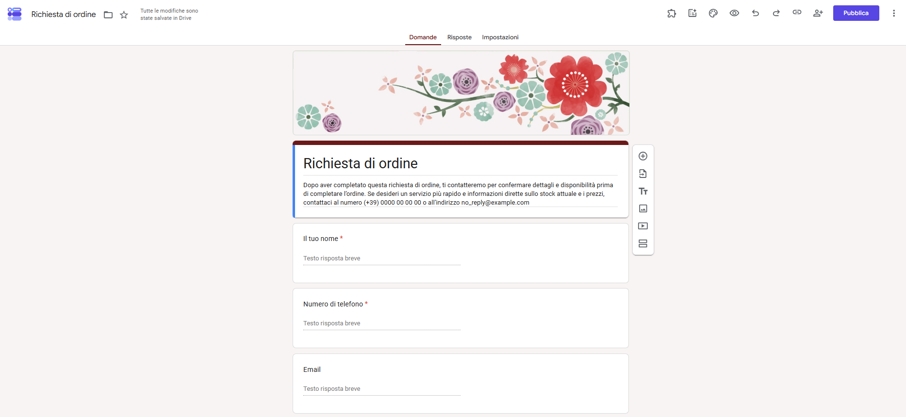 Screenshot di un modulo d'ordine in Moduli Google