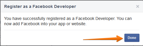 Capture d'écran de la page d'inscription à Facebook Developer avec une flèche pointant vers le bouton Terminé