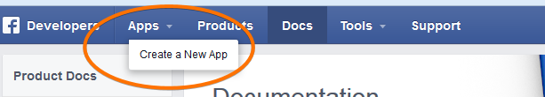 Capture d'écran de la page Facebook avec le menu en haut et un encadré autour de l'option Créer une nouvelle application du menu Applications