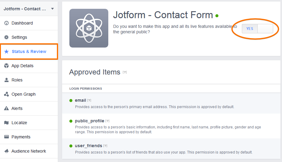 Capture d'écran de la page Formulaire de contact Jotform dans l'application avec un encadré autour de l'option Statut et avis et un autre autour du bouton bacule activé sur Oui