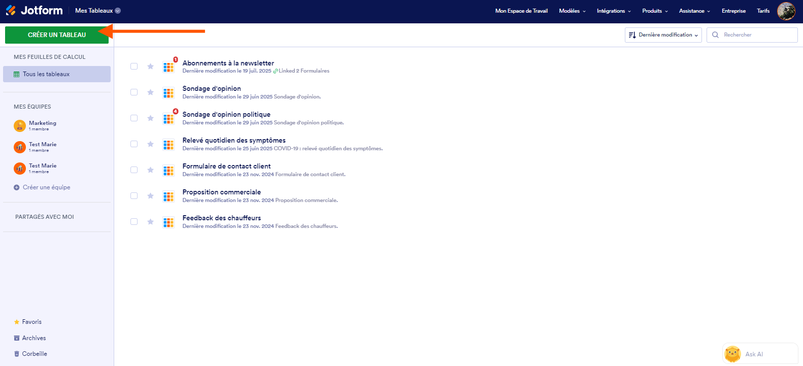 Interface des Tableaux Jotform avec une flèche pointant sur le bouton Créer un Tableau