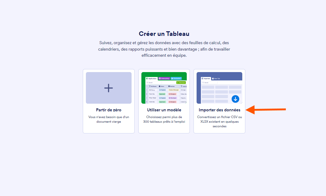 Options de création de tableau avec un flèche pointant vers Importer des données dans les Tableaux Jotform
