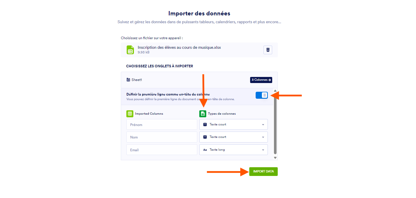 Option Importer des données avec des flèches pointant sur Types de colonne, le bouton bascule Définir la première ligne comme en-tête de colonne et Importer des données dans les Tableaux Jotform