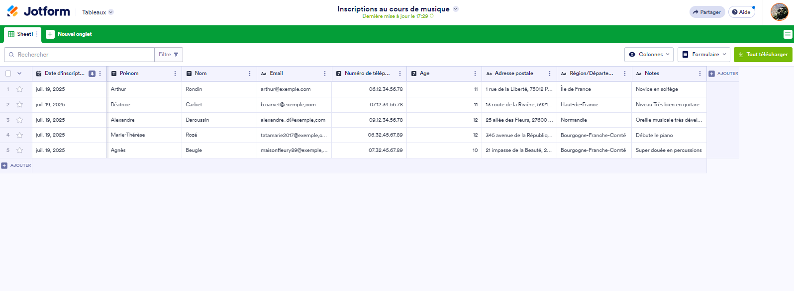 Capture d'écran du Tableau Jotform avec les données importées du fichier Excel sélectionné auparavant