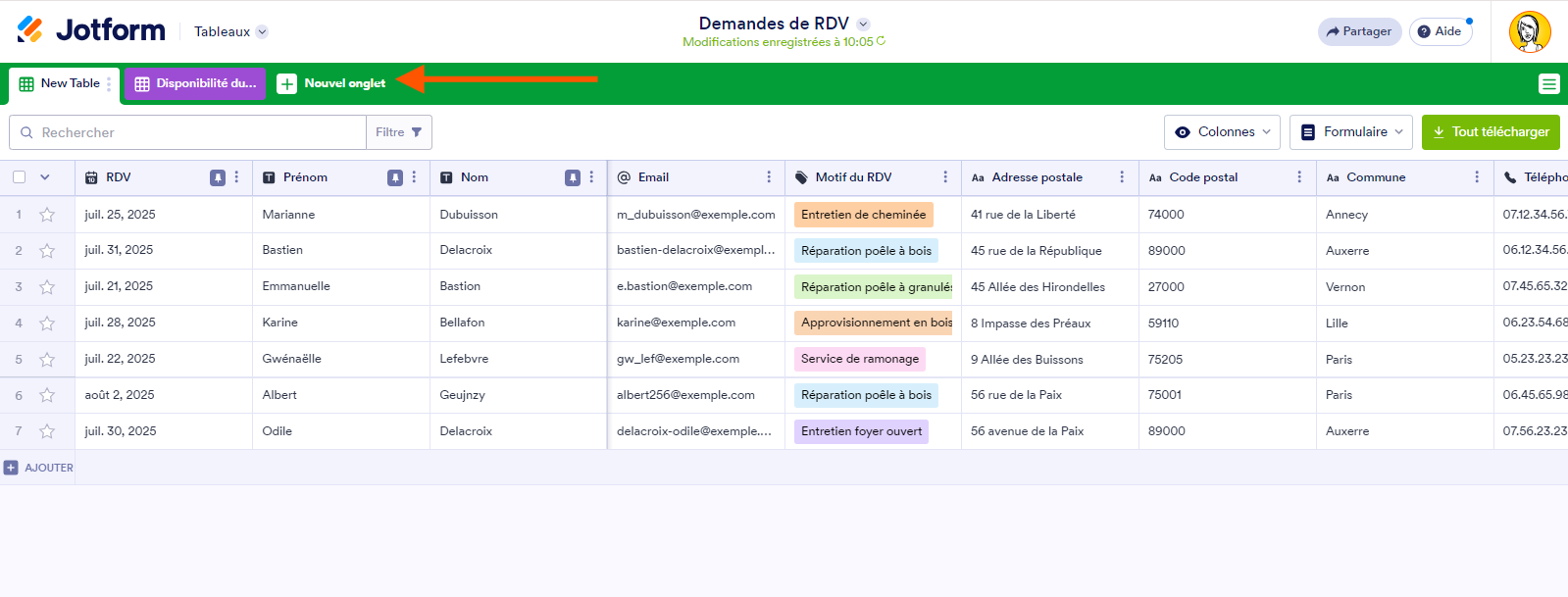 capture d'écran d'un tableau avec une flèche pointant sur Nouvel onglet dans les Tableaux Jotform