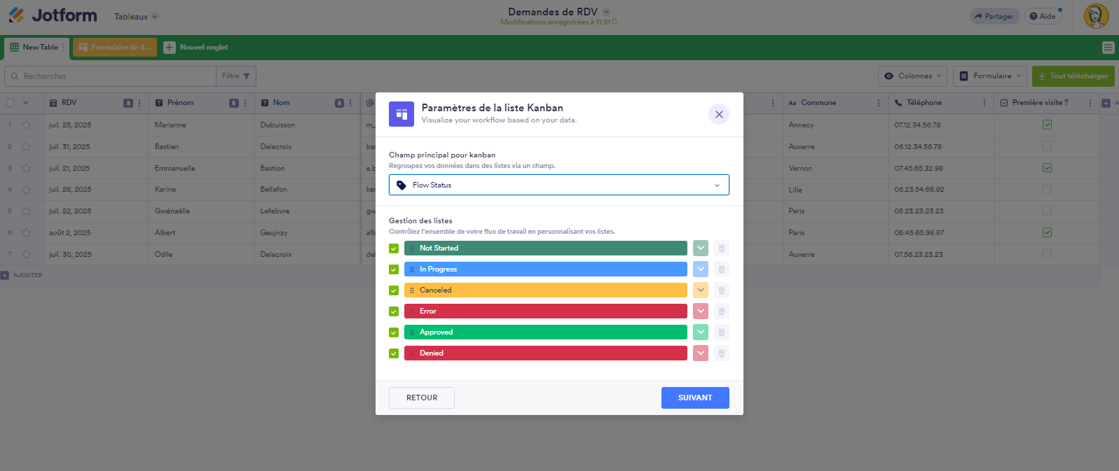Capture d'écran de la fenêtre des paramètres de la liste Kanban dans les Tableaux Jotform