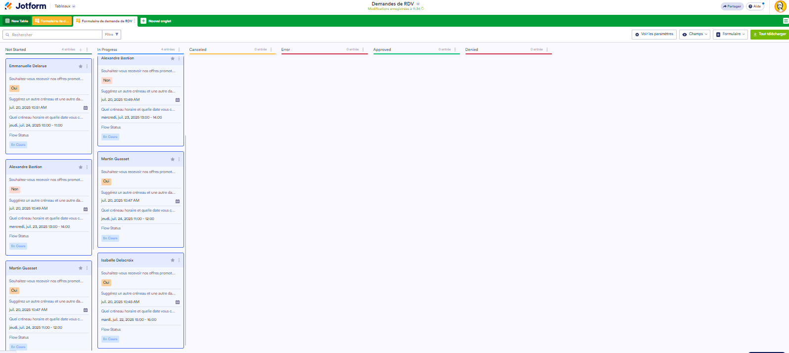 Capture d'écran de la vue Kanban dans les Tableaux Jotform