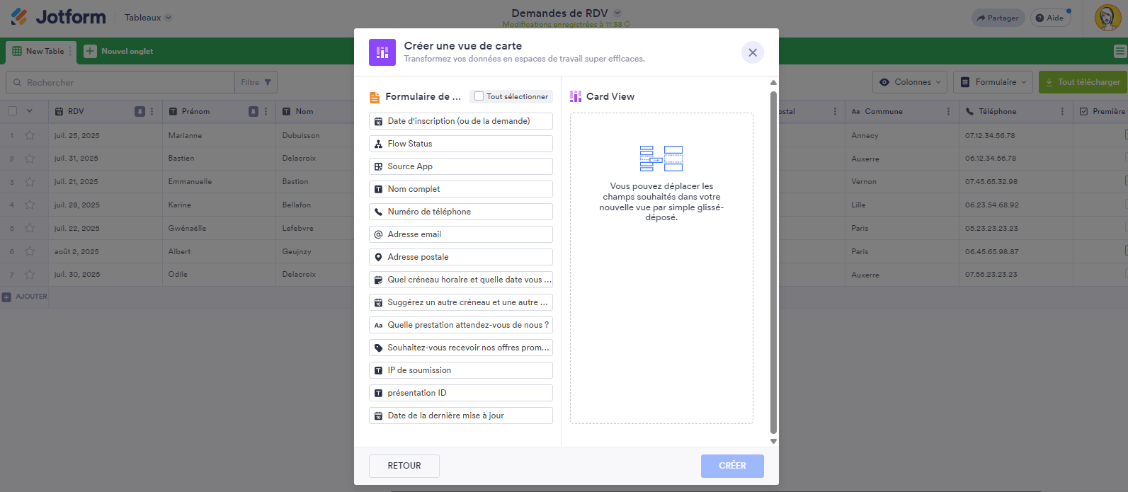 Capture d'écran des options à sélectionner dans la fenêtre contextuelle Créer une vue de carte
dans les Tableaux Jotform