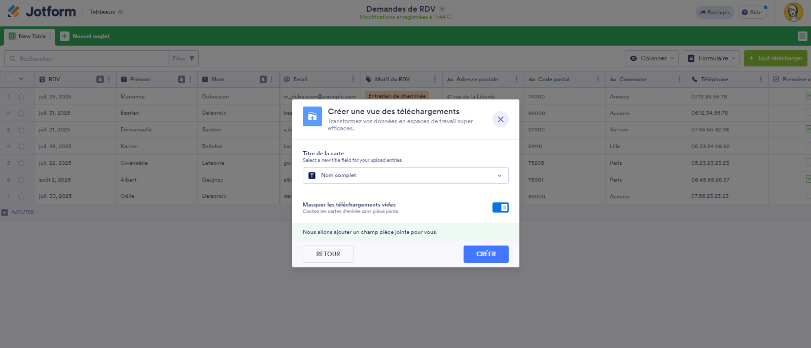 Capture d'écran de la fenêtre contextuelle Créer une vue des téléversements dans les Tableaux Jotform