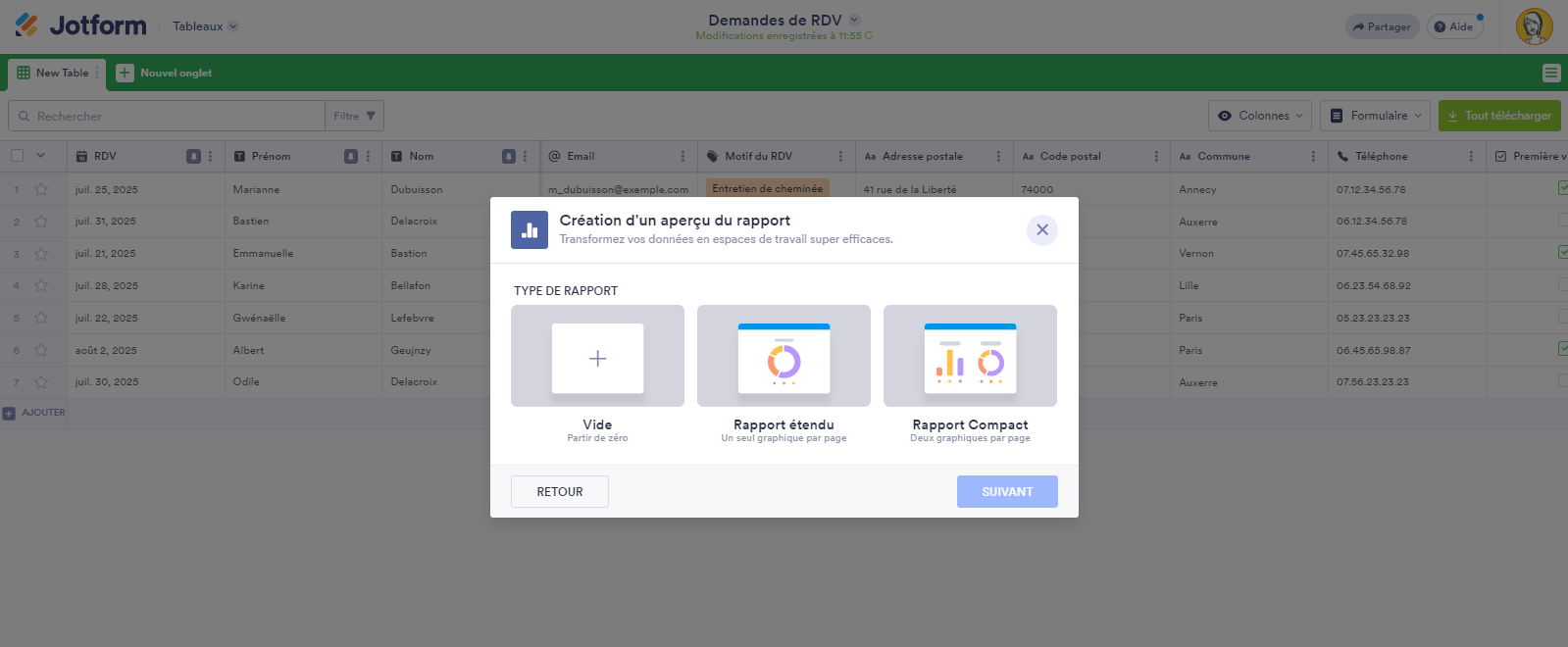 Capture d'écran de la fenêtre contextuelle Création d'un aperçu du rapport pour sélectionner le type de rapport dans les Tableaux Jotform
