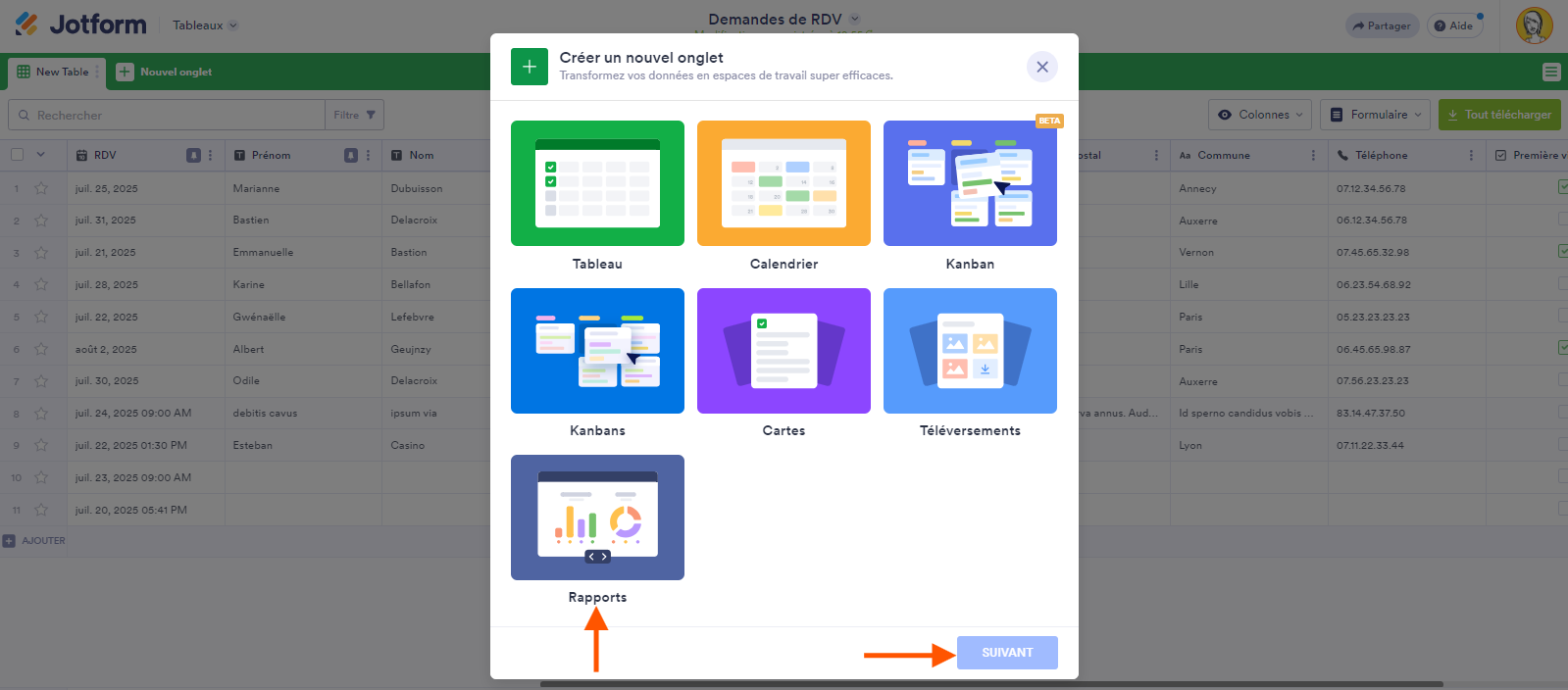 Capture d'écran de l'option Rapports de la fenêtre de dialogue Créer un nouvel onglet dans les Tableaux Jotform