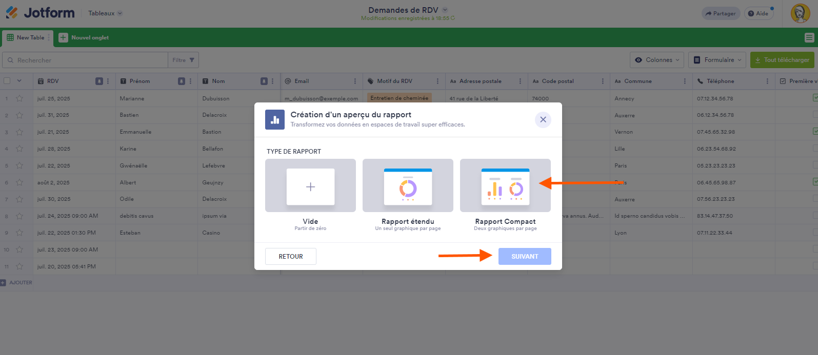 Capture d'écran de l'option Rapport compact dans la fenêtre contextuelle Créer d'une vue Rapport dans les Tableaux Jotform