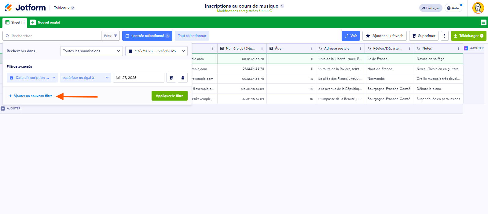 Capture d'écran du bouton + Ajouter un nouveau filtre dans les Tableaux Jotform
