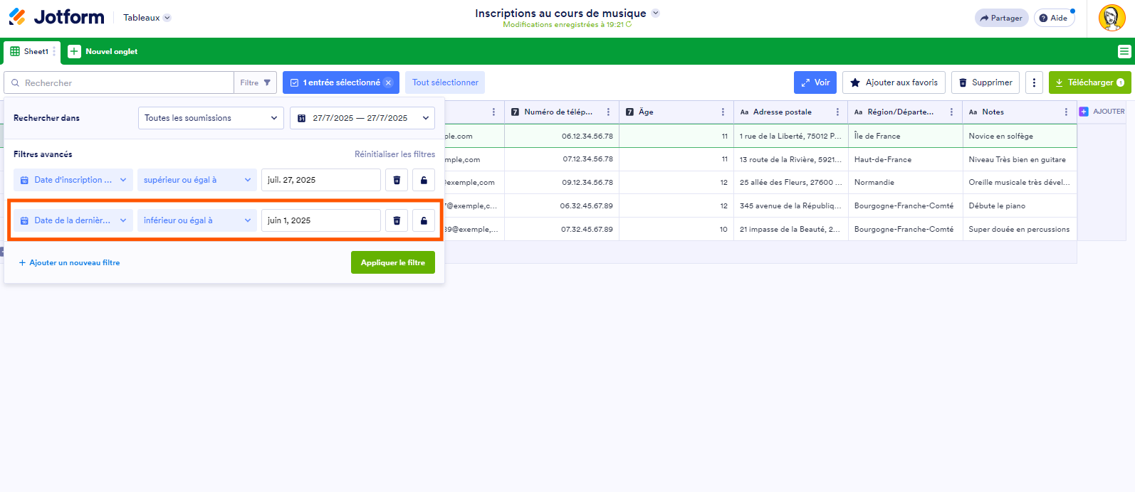 Capture d'écran avec un encadré pour montrer comment personnaliser le filtre de date dans les Tableaux Jotform