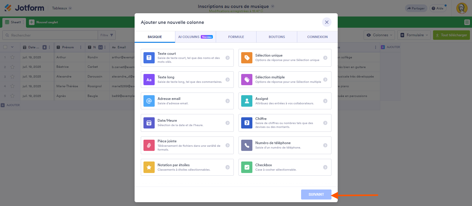 Capture d'écran de la fenêtre contextuelle Ajouter une nouvelle colonne dans les Tableaux Jotform