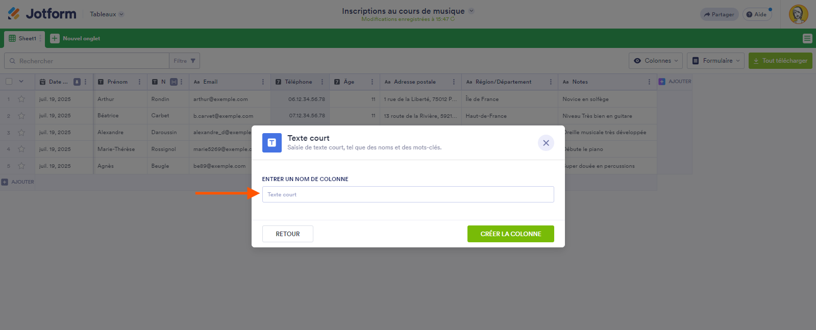 Capture d'écran de la fenêtre contextuelle pour Saisir le nom de la nouvelle colonne dans les Tableaux Jotform