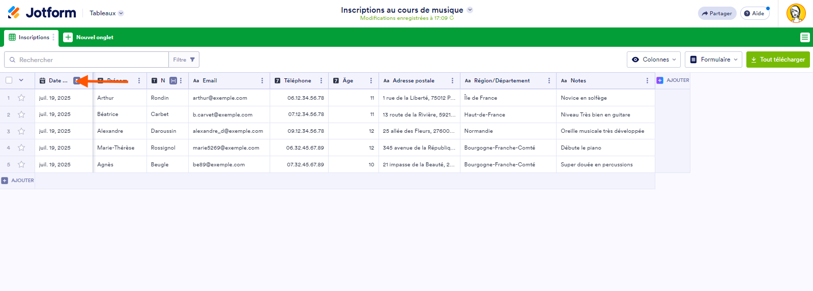 Capture d'écran d'un en-tête de colonne dans les Tableaux Jotform
