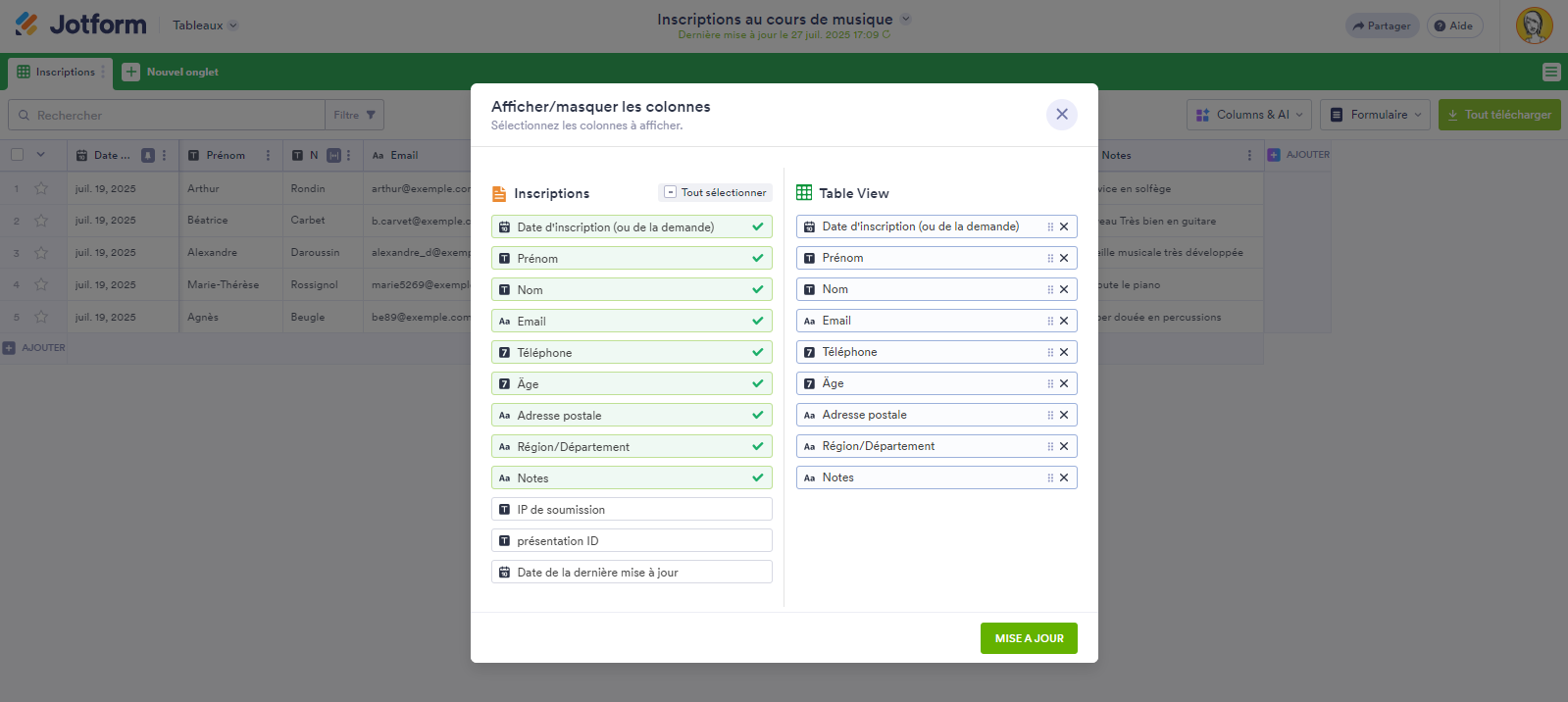 Capture d'écran de la fenêtre Afficher/Masquer les Colonnes dans les Tableaux Jotform