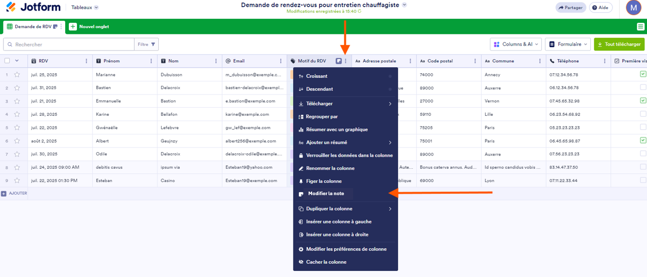 Capture d'écran avec une flèche pointant sur l'option Modifier la note dans le menu d'une colonne dans les Tableaux Jotform